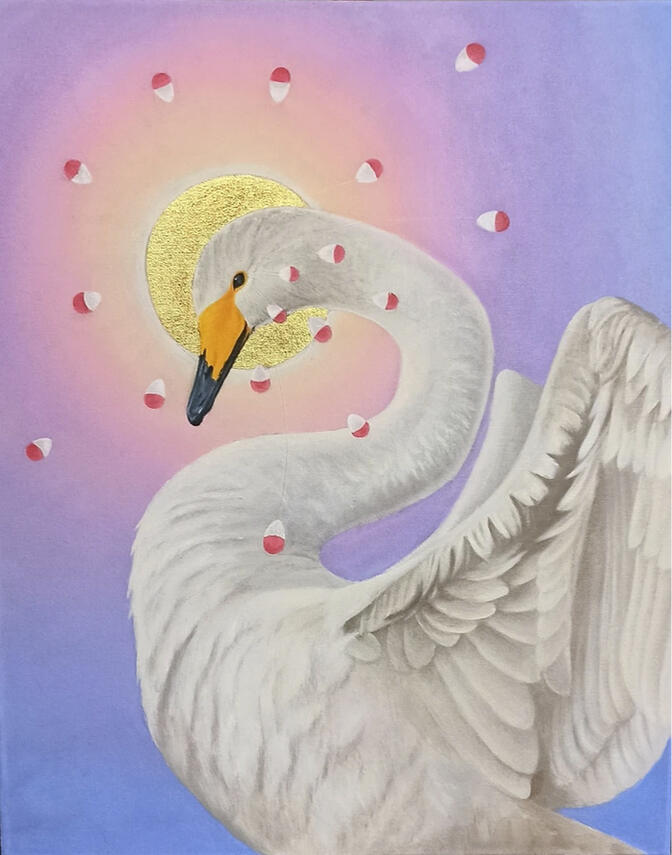 Martyr Vesiliukoinen öljyväri kankaalle, lehtikulta, siima. 50x61cm. 2022